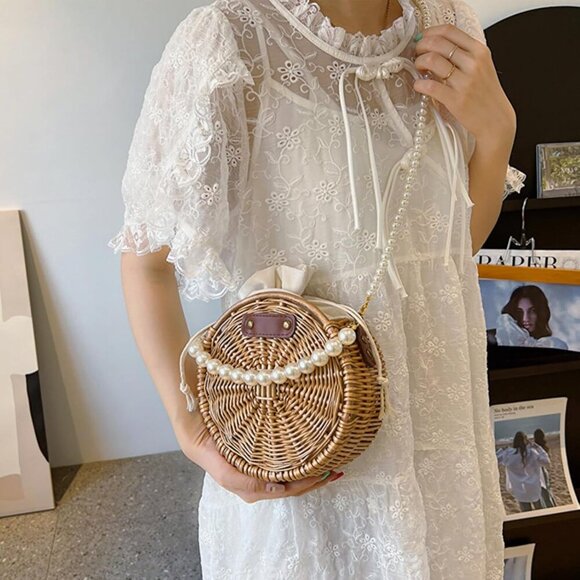 Luxury 8" Boho Straw Tote with Secure Drawstring - Pearl Handle Design - Picture 6 of 8